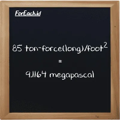 85 ton-force(long)/foot<sup>2</sup> is equivalent to 9.1164 megapascal (85 LT f/ft<sup>2</sup> is equivalent to 9.1164 MPa)